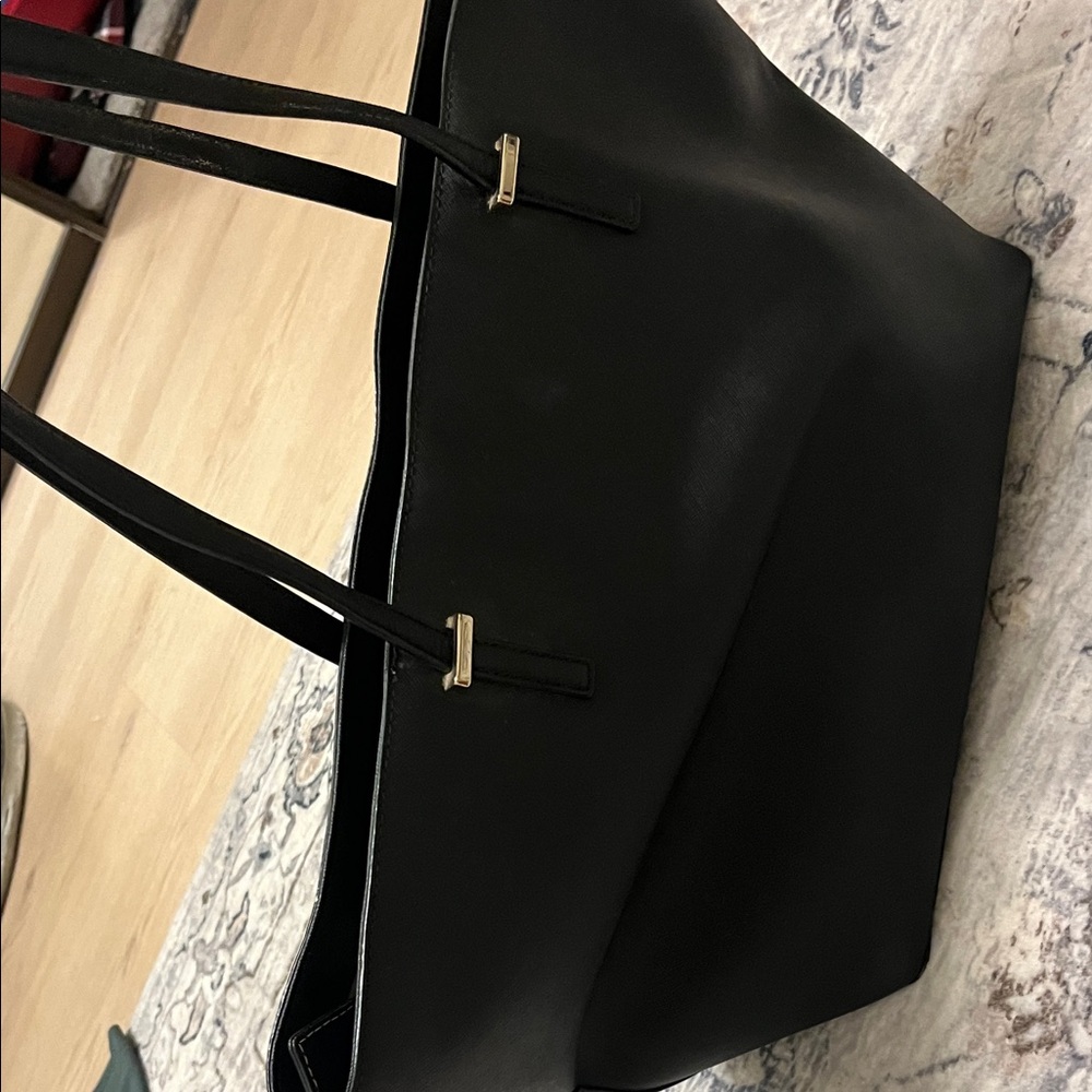 Kate Spade Black Leather Large Tote Gold Hardware Minimalist Work Shoulder Bag - Picture 6 of 15